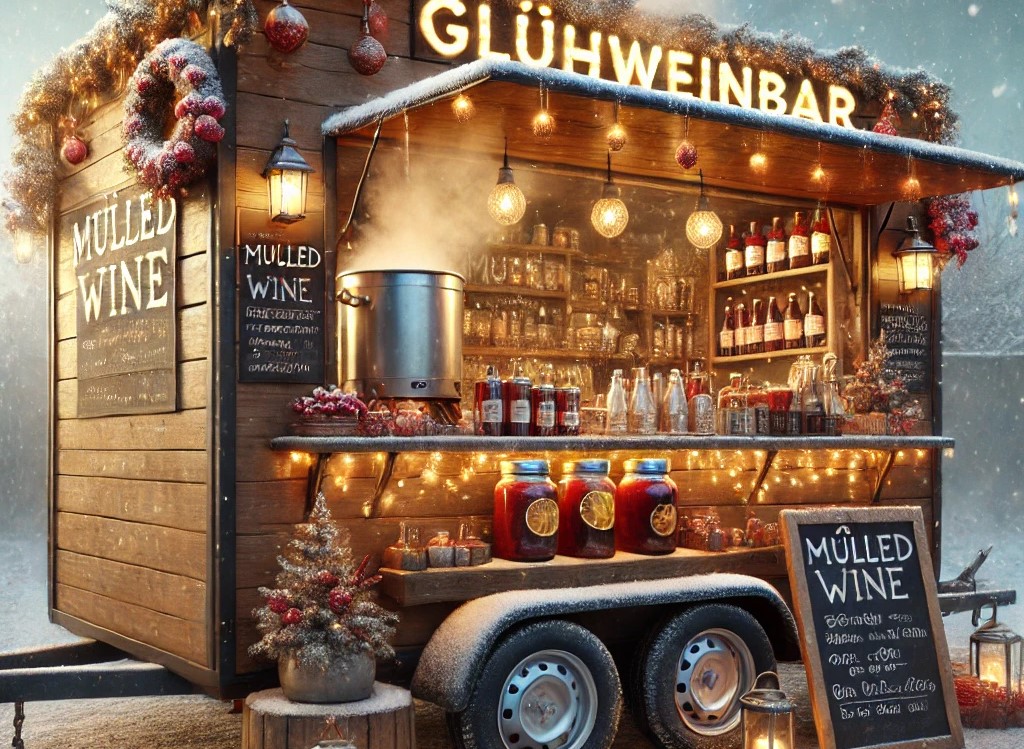 DALL·E 2025-08-28 09.04.43 - A highly realistic photo-style image of a mobile mulled wine bar (Glühweinbar) built on a trailer. The trailer is decorated in a cozy, festive winter